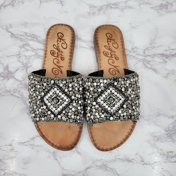 Naughty Monkey Susanna Sandal Black Silver Beaded Rhinestone Slide Sandals - Picture 1 of 10